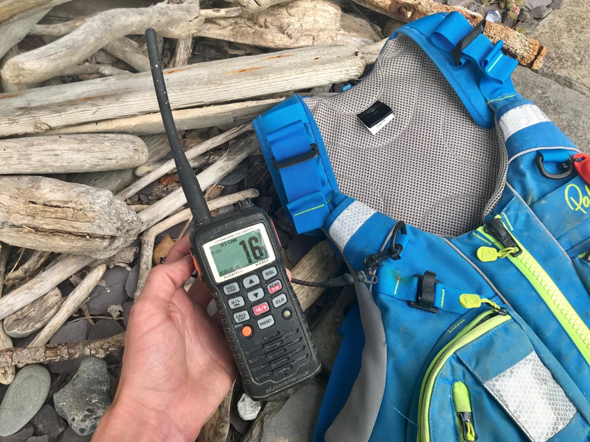 VHF Radio leashed to the Buoyancy Aid